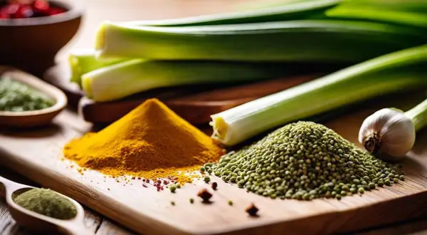 Poireaux frais, curcuma, coriandre en grains et ail. Quelle épice avec le poireau pour un plat savoureux ?