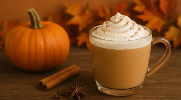 Une tasse de boisson automne crémeuse, garnie de chantilly et de cannelle, à côté d'une citrouille et d'épices.