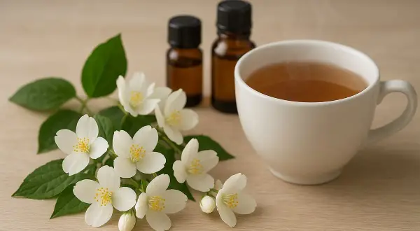 Fleurs de jasmin, deux flacons d'huile essentielle et une tasse de thé fumant. Une invitation à découvrir les jasmin bienfaits pour le bien-être.