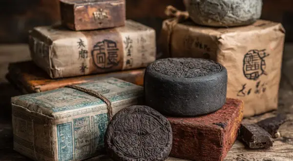 Des blocs de thé Pu-erh, un thé **fermenté** aux arômes complexes, sont présentés sur un fond rustique en bois.