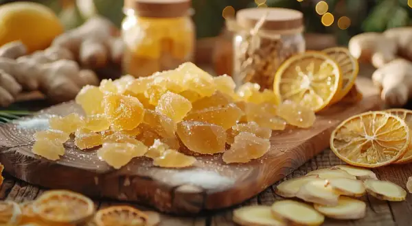 Gingembre confit scintillant sur une planche en bois, entouré de citrons séchés et de racines de gingembre frais.