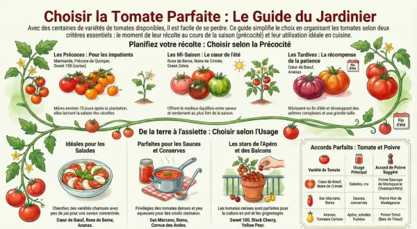Guide du jardinier : choisir la tomate parfaite. Illustrations de tomates, salades, sauces et poivres. Idéal pour le jus de tomate.