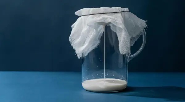 Un pichet en verre contient du kéfir, recouvert d'une étamine blanche retenue par un élastique. La boisson fermentée coule doucement.