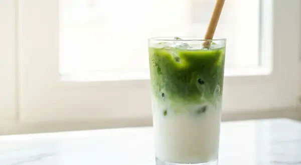 Un verre de matcha latte glacé avec une paille en bambou, parfait pour savourer son goût unique.
