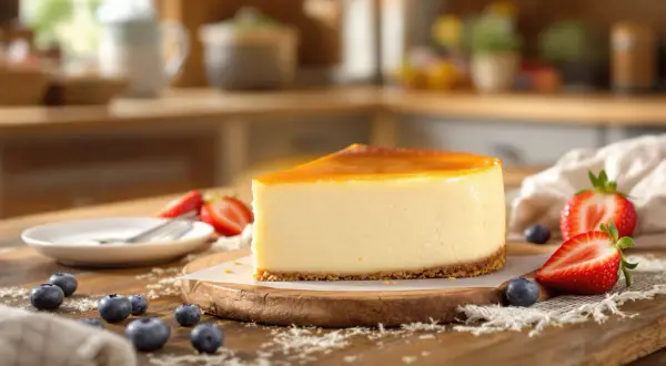 Tranche de cheesecake japonais onctueux, garnie de fraises et myrtilles, sur une planche en bois.