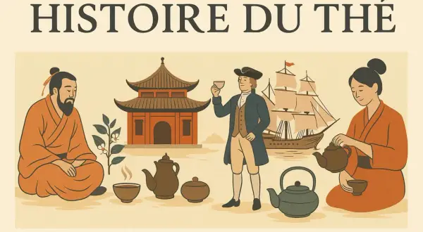 Illustration de l'histoire du thé : un homme asiatique, un européen et une femme asiatique partagent cette boisson, avec un bateau et un temple.