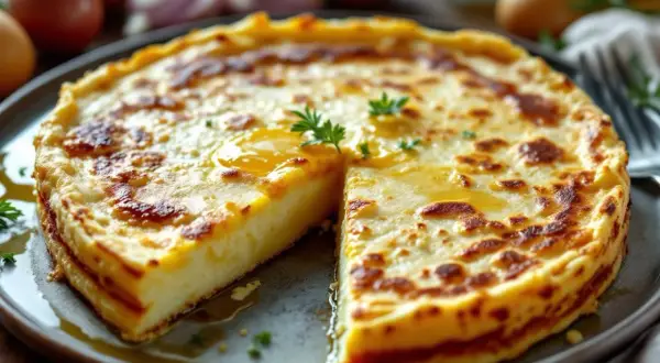 Une délicieuse tortilla espagnole, dorée et savoureuse, est servie sur une assiette. Des œufs et des oignons sont visibles en arrière-plan.