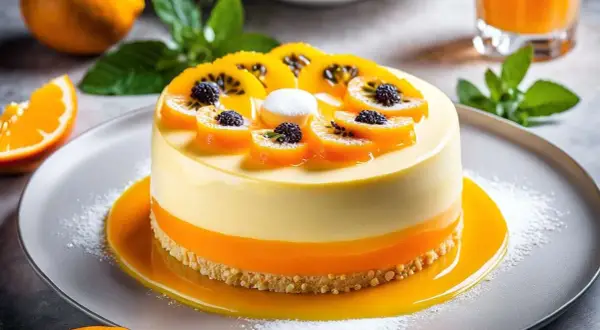 Un délicieux entremet orange, garni de fruits frais et de baies noires, repose sur un lit de sauce orange vif.