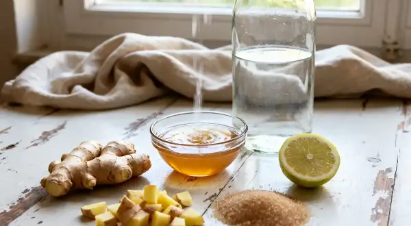 Préparation du jus de gingembre : gingembre frais, citron, miel et sucre brun sur une table en bois.
