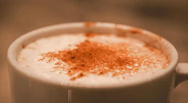 Une tasse blanche remplie d'une boisson crémeuse, saupoudrée de cannelle. Une parfaite composition chai latte pour un moment de détente.