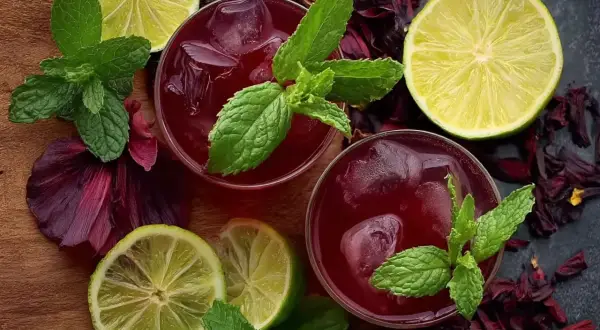 Deux verres de bissap chaud, décorés de menthe fraîche, de citrons verts et de fleurs d'hibiscus séchées.