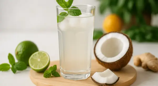 Verre de boisson rafraîchissante à l'eau de coco, garni de menthe. Citrons verts, noix de coco et gingembre en arrière-plan. Une recette légère et saine.