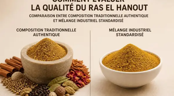 Comparaison de la qualité du **raz el hanout** : un mélange traditionnel authentique dans un mortier face à un mélange industriel standardisé dans un bol.