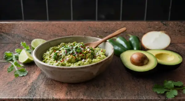 Un délicieux rougail avocat frais, garni de coriandre et d'oignons rouges, prêt à être dégusté avec des jalapeños et des citrons verts.