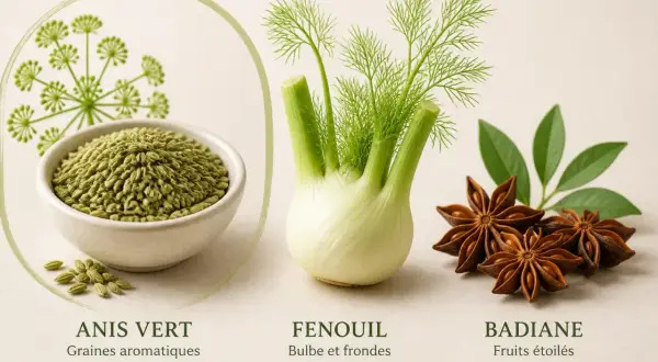 Anis vert, fenouil et badiane : des épices aux arômes subtils. Le fenouil, avec ses frondes aériennes, complète les graines d'anis vert et les fruits étoilés de la badiane.