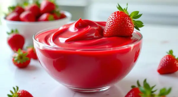 Un bol de ganache framboise rouge vif, garni d'une fraise fraîche. Une recette sans chocolat blanc pour un dessert fruité.