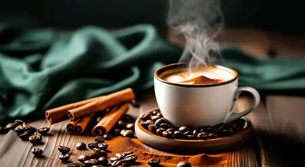 Une tasse de café fumant, parsemée de cannelle, entourée de grains de café et de bâtons de cannelle sur une table en bois.