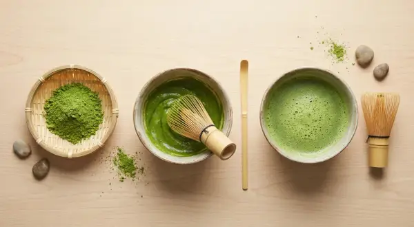 Préparation du matcha : poudre verte dans un panier, pâte dans un bol avec un fouet, et boisson mousseuse dans un autre bol. Le tout sur fond de bois clair.