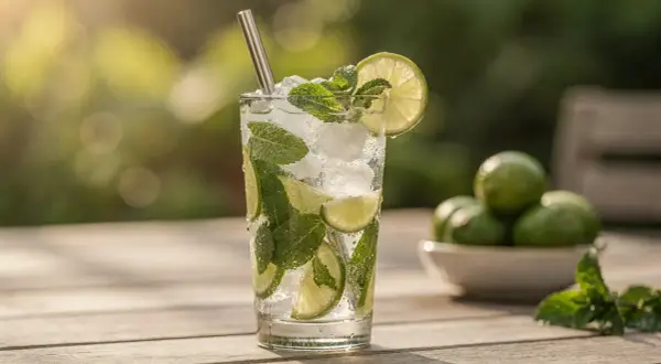 Un verre de mocktail mojito rafraîchissant avec menthe, citron vert et glaçons, sur une table en bois ensoleillée.