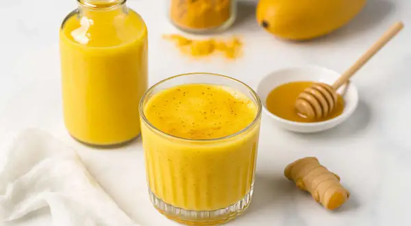 Un verre et une bouteille de smoothie gingembre, avec du miel, du curcuma et un morceau de gingembre frais.