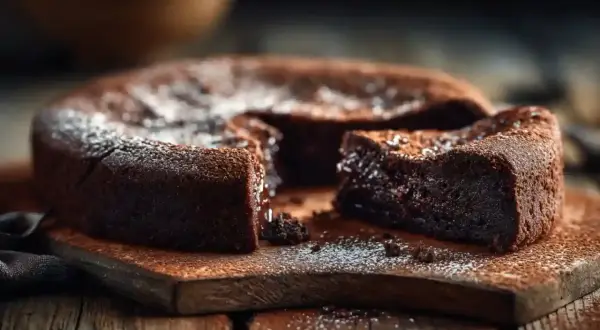 Gâteau au chocolat intense, saupoudré de sucre glace. Une tranche est retirée, révélant sa texture fondante. Parfait pour une recette de black cake.