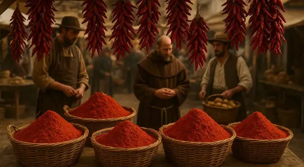 Marché médiéval avec des paniers de poudre de paprika rouge vif. Des piments séchés pendent au-dessus, et des marchands en tenue d'époque servent les clients.