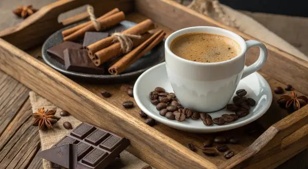 Une tasse de café fumant, du chocolat noir, des bâtons de cannelle et des grains de café sur un plateau en bois. Un délice pour les amateurs de thé et de chocolat.