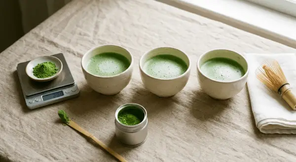 Trois bols de matcha mousseux, une balance, une cuillère en bambou et un fouet. La préparation parfaite pour une dose de matcha cafeine.