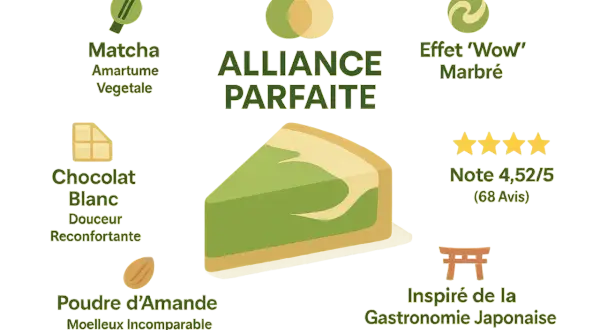 Tranche de **cake matcha chocolat blanc** marbré, alliance parfaite de saveurs végétales et douces, inspirée du Japon.