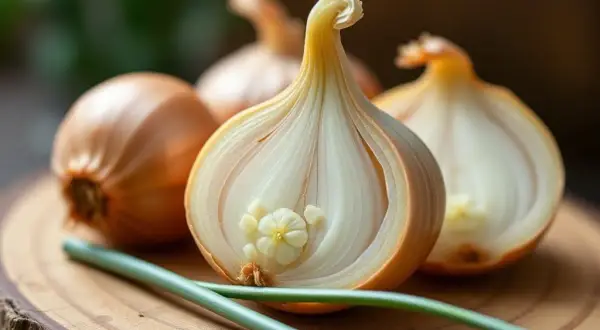 Un oignon coupé en deux révèle sa structure délicate, comme un clou de girofle miniature au cœur. Des oignons entiers et des tiges vertes complètent la scène.