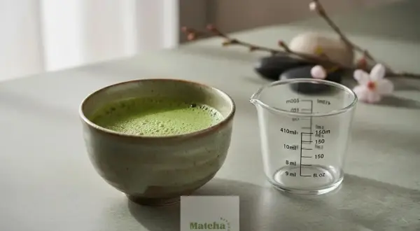 Un bol de matcha mousseux et une tasse à mesurer graduée, prêts pour vous montrer comment faire un matcha parfait.