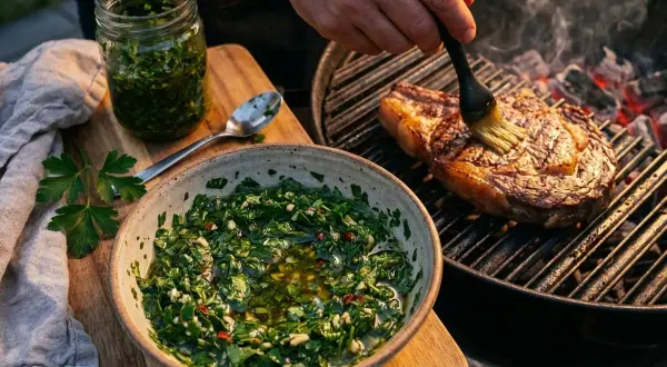 Un steak grillé est badigeonné avec une sauce chimichurri fraîche. Une autre portion de sauce est dans un bol à côté.