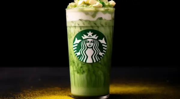 Un délice vert : un frappuccino matcha Starbucks crémeux, garni de crème fouettée et de copeaux blancs.