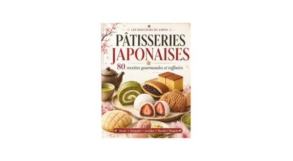 Couverture d'un livre de recettes de pâtisseries japonaises traditionnelles, montrant divers desserts comme des mochis, dorayakis et un gâteau en forme de poisson.