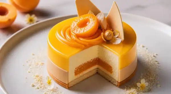 Un délicieux entremet abricot, glacé et garni de fruits frais, sur une assiette blanche décorée de miettes et de fleurs.