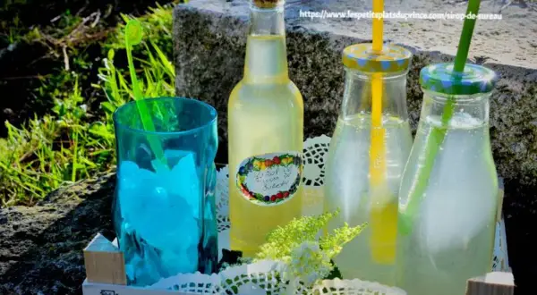 Bouteilles et verre remplis de sirop de sureau, prêts à déguster. Découvrez les bienfaits du sirop de sureau pour une boisson rafraîchissante et saine.
