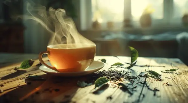 Une tasse de thé fumante, probablement du earl grey, sur une table en bois, entourée de feuilles de thé et de lumière douce.