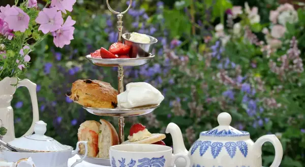 Un délicieux tea time en plein air avec scones, fraises et thé. Un moment de détente au jardin.