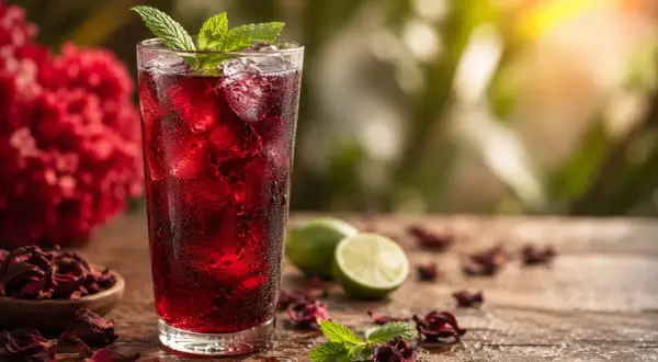 Verre de bissap, boisson rafraîchissante à base d'hibiscus, garni de menthe. La recette sénégalaise parfaite pour se désaltérer.