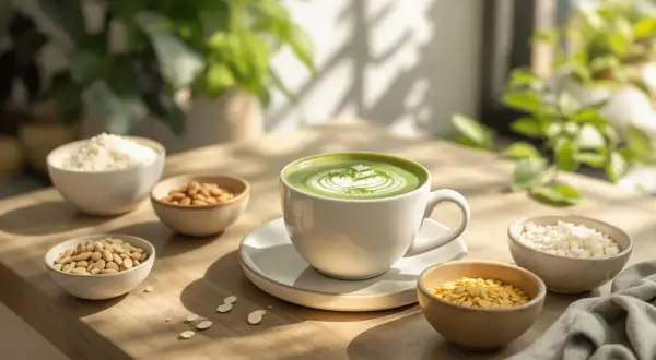 Tasse de matcha sans lait, ornée d'un motif délicat, entourée de bols d'amandes, de flocons de riz et de graines.