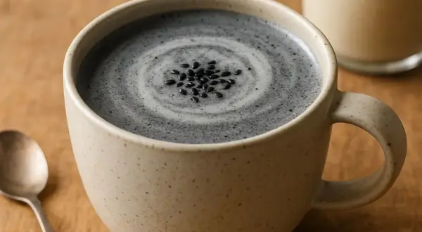 Une tasse de latte au sésame noir, garnie de graines de sésame, avec une cuillère à proximité.