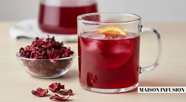 Verre de boisson rouge vif avec glaçons et tranche d'orange, à côté d'un bol de fleurs d'hibiscus séchées. L'eau d'hibiscus, rafraîchissante et colorée.