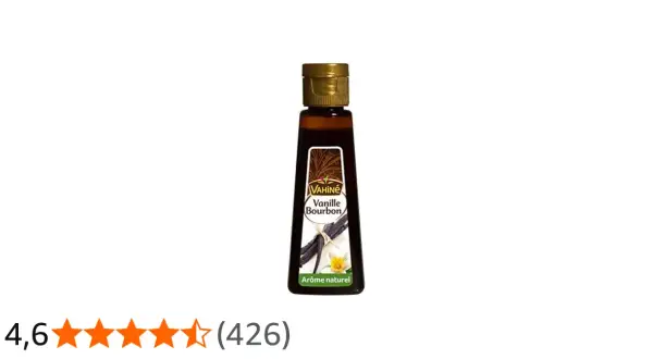 Bouteille d'extrait de vanille Bourbon Vahiné, arôme naturel, avec des gousses de vanille et une fleur.
