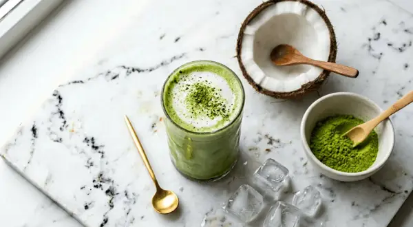Un verre de houmous claire au matcha, garni de poudre verte, à côté d'une noix de coco ouverte et de glaçons.
