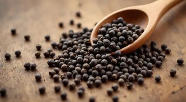 Une cuillère en bois déborde de grains de poivre noir, posée sur une surface en bois. Le poivre est-il bon pour la santé ? Ces petites baies pourraient bien l'être.