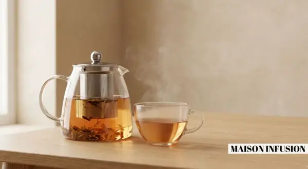 Une théière en verre fumante et une tasse de thé ambré sur une table en bois. Le temps idéal pour savoir combien de temps infuser le thé pour une saveur parfaite.