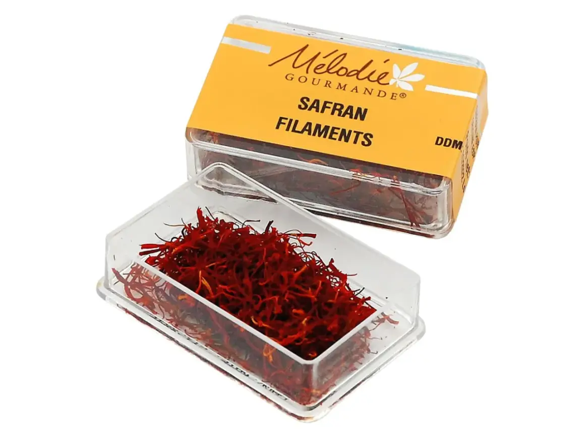 Boîte de safran en filaments Mielodie Gourmande. Découvrez comment utiliser le safran en filaments pour parfumer vos plats.