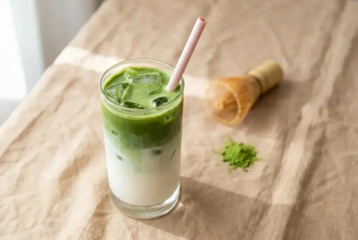 Un verre de pâte minute claire au matcha, glacé et rafraîchissant, avec une paille rose. Un fouet à matcha et une pincée de poudre verte à côté.
