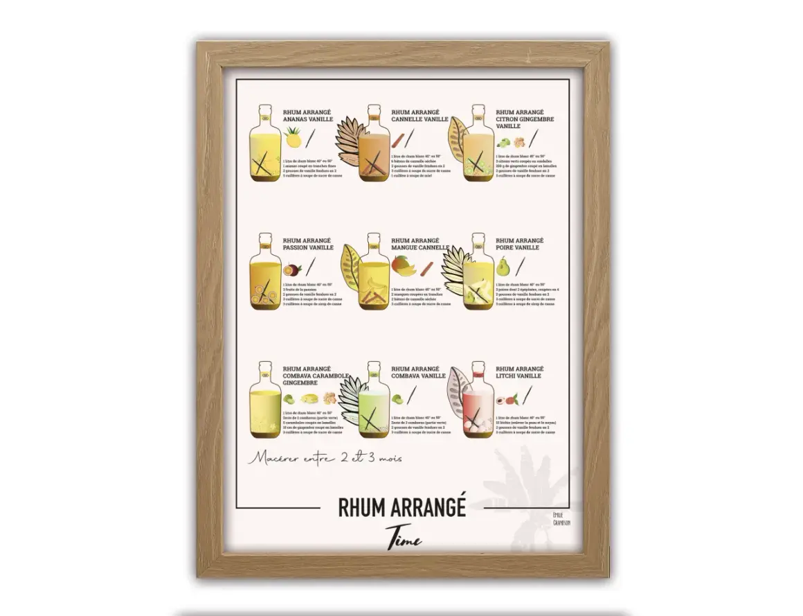 Affiche illustrant plusieurs recettes de rhum arrangé : ananas vanille, mangue cannelle, citron gingembre vanille, etc.