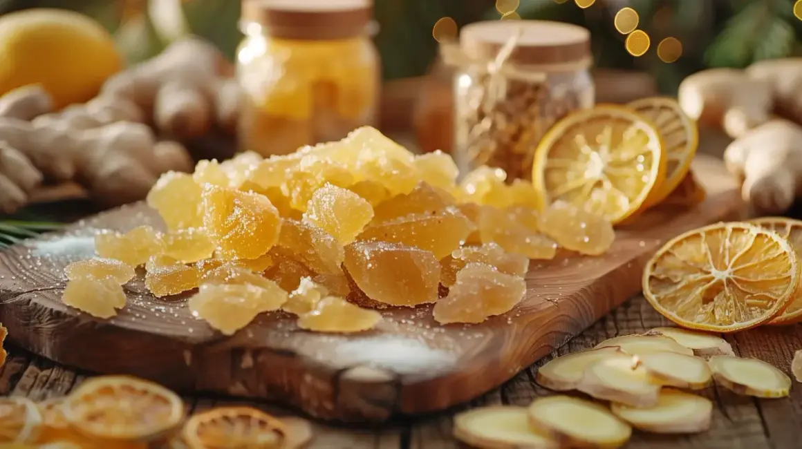 Gingembre confit scintillant sur une planche en bois, entouré de citrons séchés et de racines de gingembre frais.